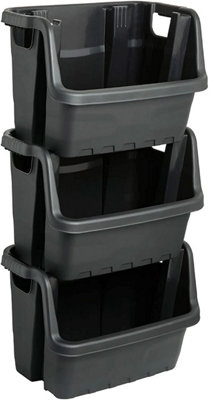 3 x Large Black Open Fronted Black Plastic Stacking Crates For Order Picking, Industrial, Garage  & Kitchen