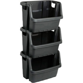 3 x Large Black Open Fronted Black Plastic Stacking Crates For Order Picking, Industrial, Garage  & Kitchen