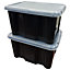 3 x Large Black Plastic 24 Litre Storage Box With See Through Lids For Bedroom, Garage & Office