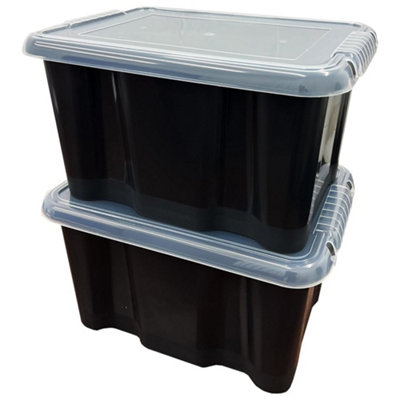 3 x Large Black Plastic 24 Litre Storage Box With See Through Lids For Bedroom, Garage & Office