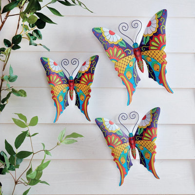 3 x Metal Butterfly Wall Art - Colourful Outdoor Garden Fence or Wall Sculpture Ornament Decorations - 3 Sizes, Fixings Included
