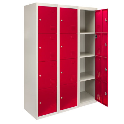 3 x Metal Storage Lockers - Four Doors, Red - Flatpack