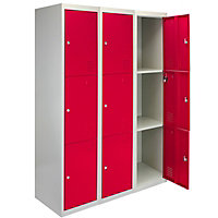 3 x Metal Storage Lockers - Three Doors, Red