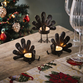 3 x Metal Turkey Tealight Holders - 1 Standing & 2 Sitting Design Metal Christmas Themed Candle Holder Home Decorations