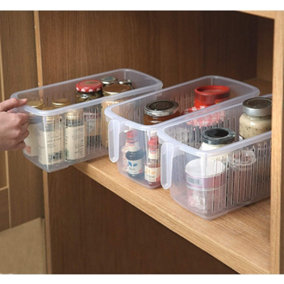 3 x Plastic Kitchen Cupboard Storage Organiser Baskets with Handles - Each Caddy Measures H14cm x W15cm x D31cm