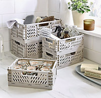 3 x Small Folding Storage Baskets - Grey Plastic Collapsing Home Storage Portable Crate Organizer Boxes - H8.7 x W14.7 x D22.2cm