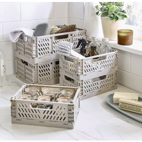 3 x Small Folding Storage Baskets - Grey Plastic Collapsing Home Storage Portable Crate Organizer Boxes - H8.7 x W14.7 x D22.2cm
