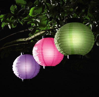 3 x Solar Powered Chinese Lanterns - Waterproof Outdoor Garden Patio Lighting - 1 Each of Pink, Purple & Green, 28 x 20.3 x 20.3cm