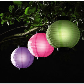 3 x Solar Powered Chinese Lanterns - Waterproof Outdoor Garden Patio Lighting - 1 Each of Pink, Purple & Green, 28 x 20.3 x 20.3cm