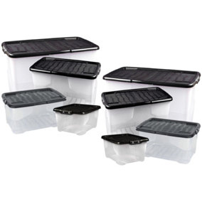 3 x Stackable & Strong Durable 10 Litre Curve Plastic Storage Boxes With Black Lids For Home & Office