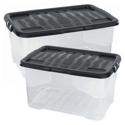 3 x Stackable & Strong Durable 100 Litre Curve Plastic Storage Boxes With Black Lids For Home & Office