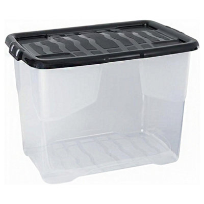 3 x Stackable & Strong Durable 24 Litre Curve Plastic Storage Boxes With Black Lids For Home & Office