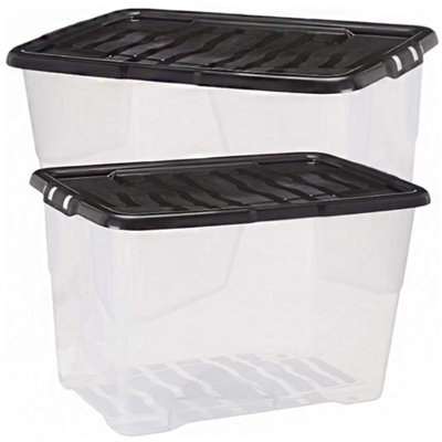 3 x Stackable & Strong Durable 24 Litre Curve Plastic Storage Boxes With Black Lids For Home & Office