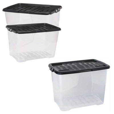 3 x Stackable & Strong Durable 24 Litre Curve Plastic Storage Boxes With Black Lids For Home & Office