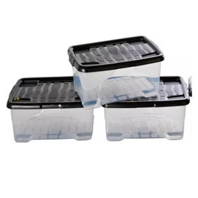 3 x Stackable & Strong Durable 30 Litre Curve Plastic Storage Boxes With Black Lids For Home & Office