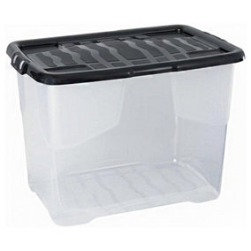3 x Stackable & Strong Durable 65 Litre Curve Plastic Storage Boxes With Black Lids For Home & Office