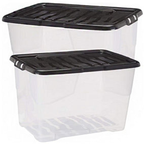 3 x Stackable & Strong Durable 80 Litre Curve Plastic Storage Boxes With Black Lids For Home & Office