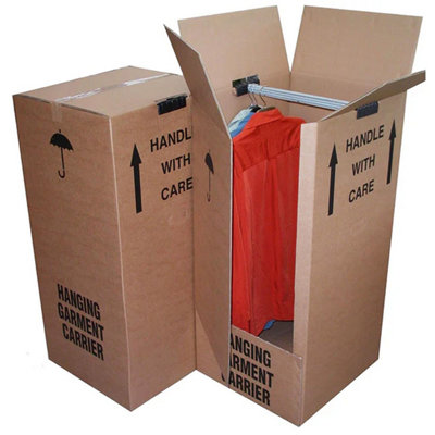 3 x Strong Double Wall Cardboard Wardrobe Boxes With Hanging Rails