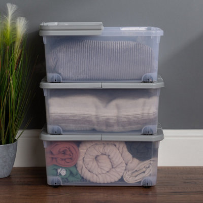 3 x Wham 30L Stackable Plastic Storage Box with Wheels & Folding Lid ...