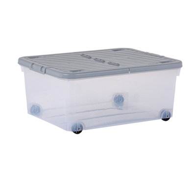 3 x Wham 30L Stackable Plastic Storage Box with Wheels & Folding Lid Clear/Cool Grey