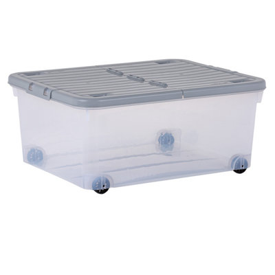3 x Wham 30L Stackable Plastic Storage Box with Wheels & Folding Lid Clear/Cool Grey