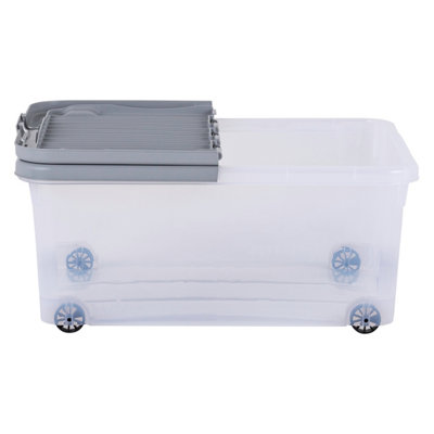 3 x Wham 30L Stackable Plastic Storage Box with Wheels & Folding Lid Clear/Cool Grey