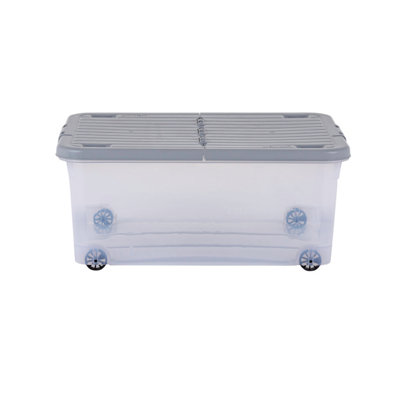 3 x Wham 30L Stackable Plastic Storage Box with Wheels & Folding Lid Clear/Cool Grey - 4
