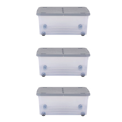3 x Wham 30L Stackable Plastic Storage Box with Wheels & Folding Lid Clear/Cool Grey - 5