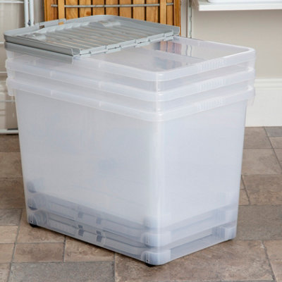 3 x Wham 80L Stackable Plastic Storage Box with Wheels & Folding Lid Clear/Cool Grey