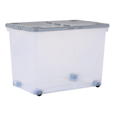 3 x Wham 80L Stackable Plastic Storage Box with Wheels & Folding Lid Clear/Cool Grey