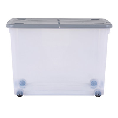 3 x Wham 80L Stackable Plastic Storage Box with Wheels & Folding Lid Clear/Cool Grey - 4