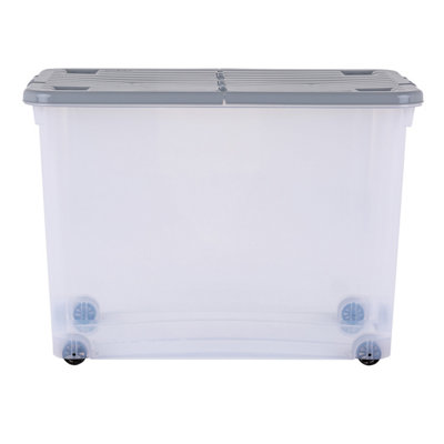 3 x Wham 80L Stackable Plastic Storage Box with Wheels & Folding Lid Clear/Cool Grey