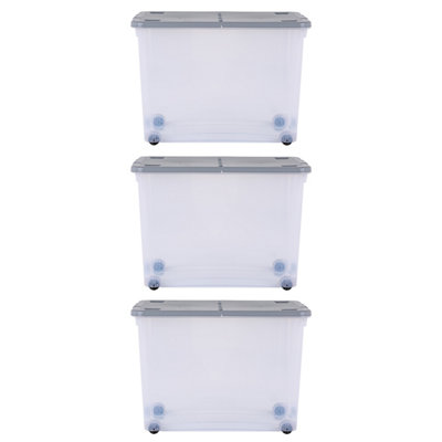 3 x Wham 80L Stackable Plastic Storage Box with Wheels & Folding Lid Clear/Cool Grey - 5