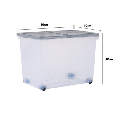3 x Wham 80L Stackable Plastic Storage Box with Wheels & Folding Lid Clear/Cool Grey - 6