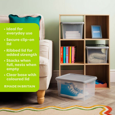 3 x Wham Box 16L Stackable Plastic Storage Box & Lid Clear/Steel
