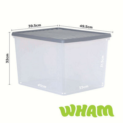 3 x Wham Box 50L Stackable Plastic Storage Archive Box & Lid Clear/Steel