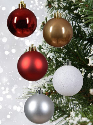 30 Assorted Christmas Baubles Red White Silver Butterscotch Mix 60mm