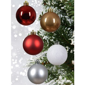 30 Assorted Christmas Baubles Red White Silver Butterscotch Mix 60mm