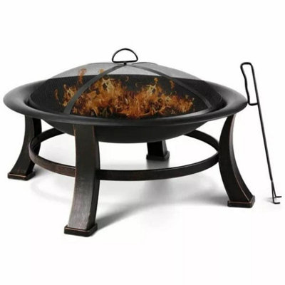 30-Inch Fire Bowl Backyard Fire Pit with Mesh Screen Cover BBQ Grill Log Grate