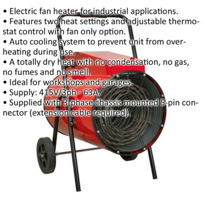 30 kW Industrial Electric Fan Heater - 3 Heat Settings - Thermostat Control