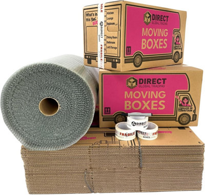 30 Large Strong Cardboard House Moving Packing Boxes Kit with 60 Metres Bubblewrap 3 Rolls Fragile Tape & Marker Pen