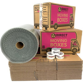 30 Large Strong Cardboard House Moving Packing Boxes Kit with 60 Metres Bubblewrap 3 Rolls Fragile Tape & Marker Pen