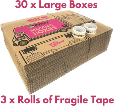 30 Large Strong Cardboard House Moving Packing Boxes Kit with 60 Metres Bubblewrap 3 Rolls Fragile Tape & Marker Pen