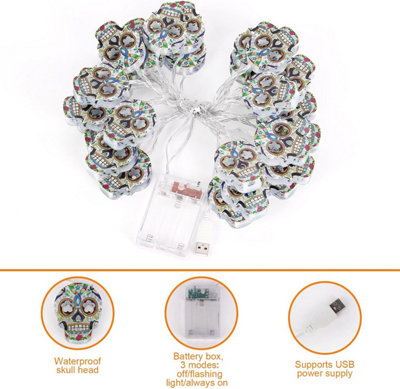 30 LED Skull String Lights 15ft Battery/USB Powered with Modes