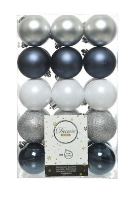 30 Mixed Christmas Tree Baubles Midnight Blue Glitter Silver & White  60mm