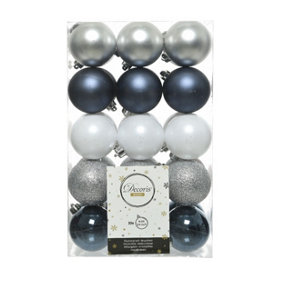 30 Mixed Christmas Tree Baubles Midnight Blue Glitter Silver & White  60mm