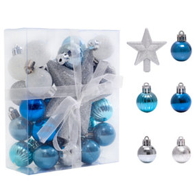 30 Pcs Blue Shatterproof Christmas Decoration Xmas Ornament Christmas Tree Baubles Set with Snowflake Tree Topper