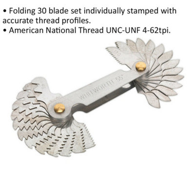30 Piece Folding Screw Pitch Gauge Set - 4 to 62 tpi - UNC-UNF Thread - Stamped