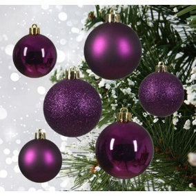 30 Violet Purple Baubles Assorted Shatterproof Christmas Tree Hanging Decs