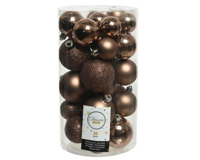 30 Walnut Brown Christmas Baubles Shatterproof Tree Ornaments Glitter Shiny Matt